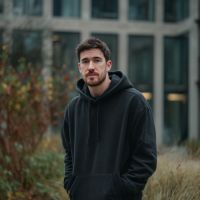 Bearded man in a black hoodie standing outdoors with hands in pockets in front of a modern office building and shrubs.
