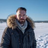 Young man in a dark parka with fur-trimmed hood and scarf, smiling while standing on a snowy plain beneath a clear blue sky.
