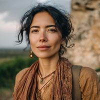 Woman with dark curly hair, layered necklaces, and an earth-toned scarf standing outdoors by a rocky hillside.