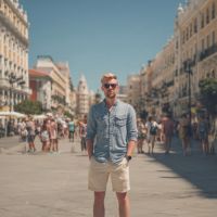 Young man in sunglasses and a blue shirt standing on a sunny crowded European street with historic buildings.