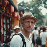 Man wearing a straw hat and white T-shirt with a backpack, looking at the camera in a crowded street market with red lanterns.