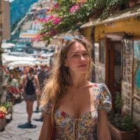 Young woman in a floral dress walking a sunny narrow street with colorful buildings and bougainvillea.