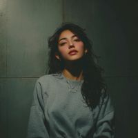 Woman in a gray sweatshirt with long dark wavy hair against a dim tiled wall, moody lighting and a neutral, slightly tilted pose.