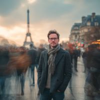 Man wearing glasses and scarf standing in front of the Eiffel Tower at dusk, surrounded by a blurred crowd and city lights.