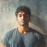 Young man with short curly hair and stubble in a gray T-shirt against a textured wall lit by warm side light.