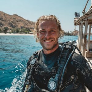 Smiling diver wearing a wetsuit and scuba gear on a boat with turquoise sea and rocky coastline behind him.
