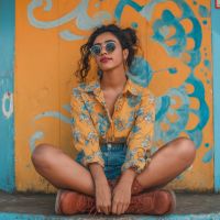 Woman with curly hair and sunglasses sits cross-legged against a blue-orange mural, wearing a yellow shirt and denim shorts.