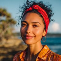 Woman with curly hair tied by a red headband, wearing a hoop earring and orange patterned shirt, smiling on a sunlit beach.