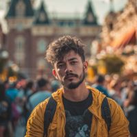 Man with curly hair and a short beard wearing a yellow jacket and backpack, standing in a blurred crowded street.