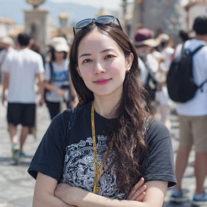 Young woman with long dark hair, sunglasses on her head and a yellow lanyard, smiling with arms crossed in a busy crowd.