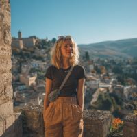 Blonde woman with sunglasses on her head in a black tee and tan pants standing on a stone terrace overlooking sunlit hill village.