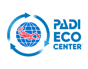 Blue circular recycling arrows around a globe with a red scuba diver silhouette, next to blue text reading "PADI ECO CENTER."