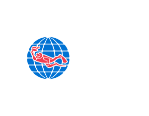 PADI ECO Center logo showing a red scuba diver silhouette over a blue grid globe, encircled by three white recycling arrows with "PADI ECO CENTER" text to the right.